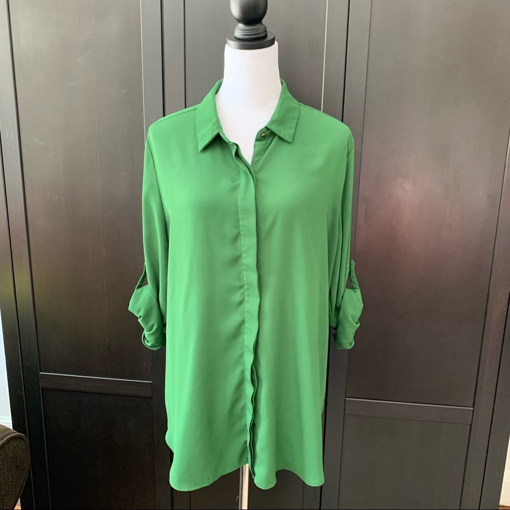green button down blouse with roll up sleeves
